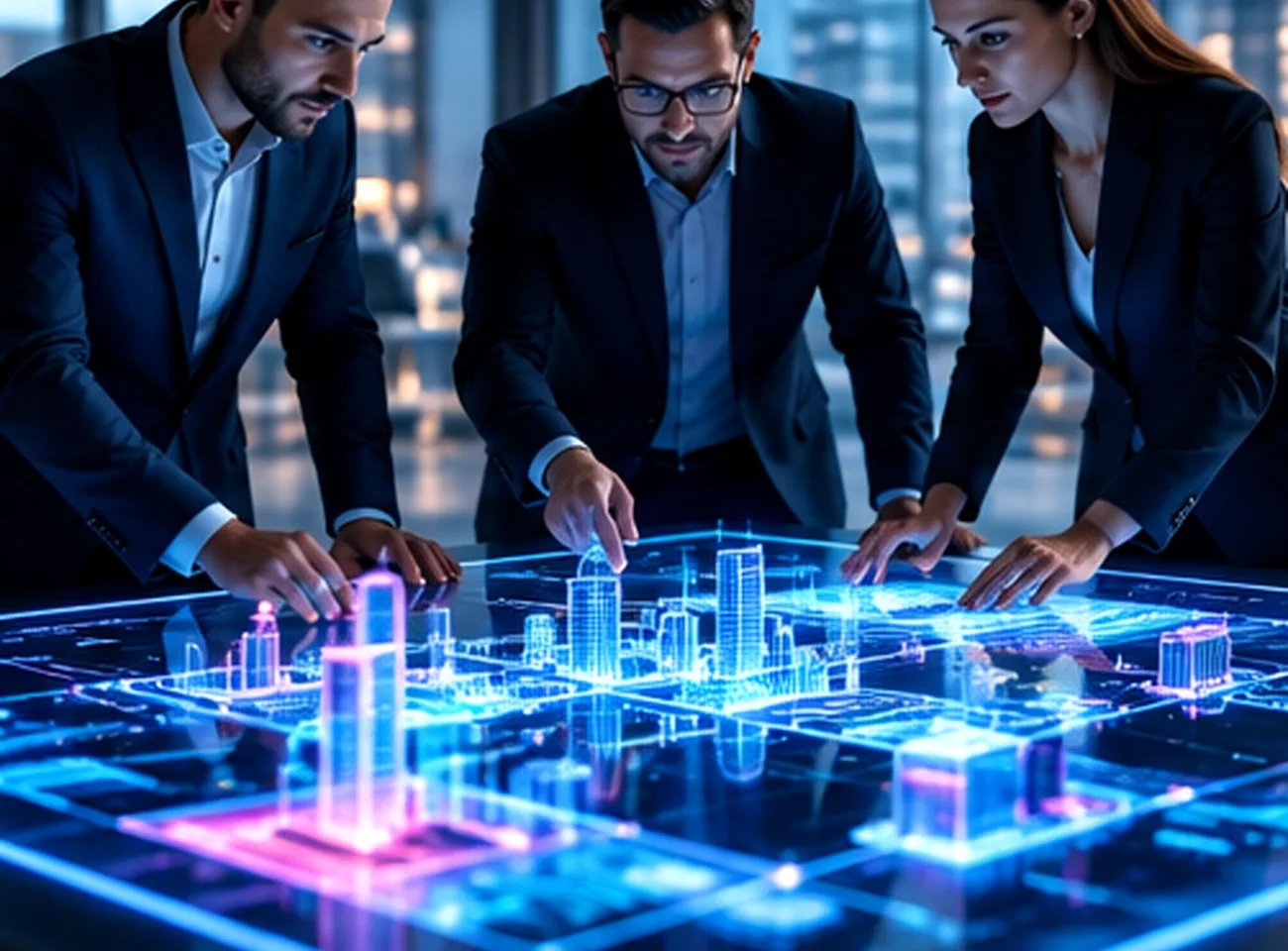 Profesionales revisando un mapa digital e iniciativas tecnológicas